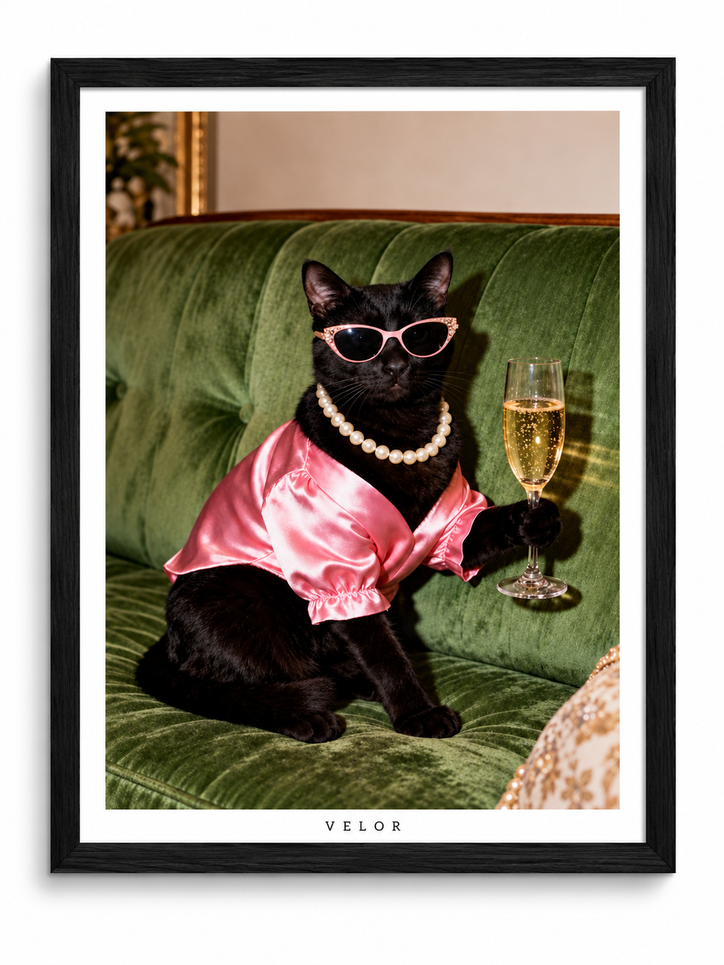 Glamorous Cat on Velvet with Champagne